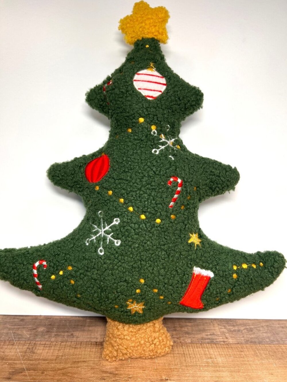 Christmas Tree Plush Pillow With Embroidered Ornaments & Star Top - Holida